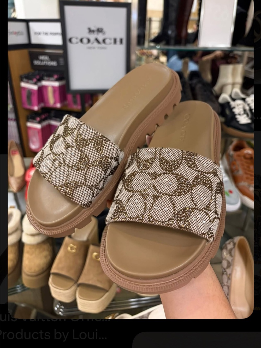 Coach Signature Canvas Slide Sandals in Tan and Cream